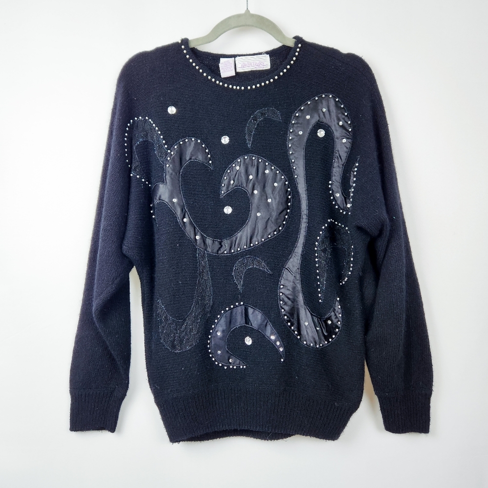 Vintage 80s Gladys Bagley Lace Cutout & Bedazzled Black Sweater, SUPER SOFT!